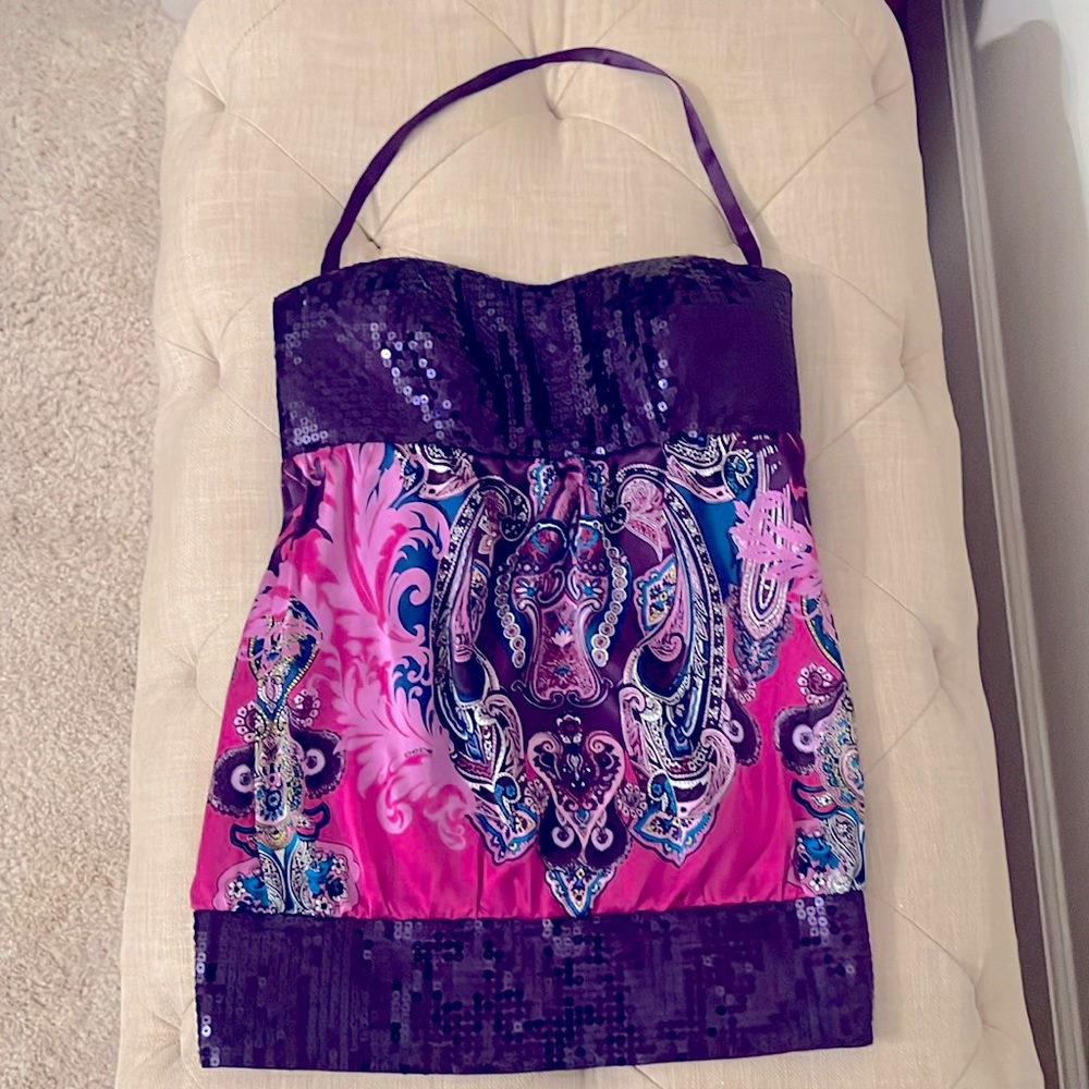 BEBE: Purple and Pink Paisley Silk Top in Size XS